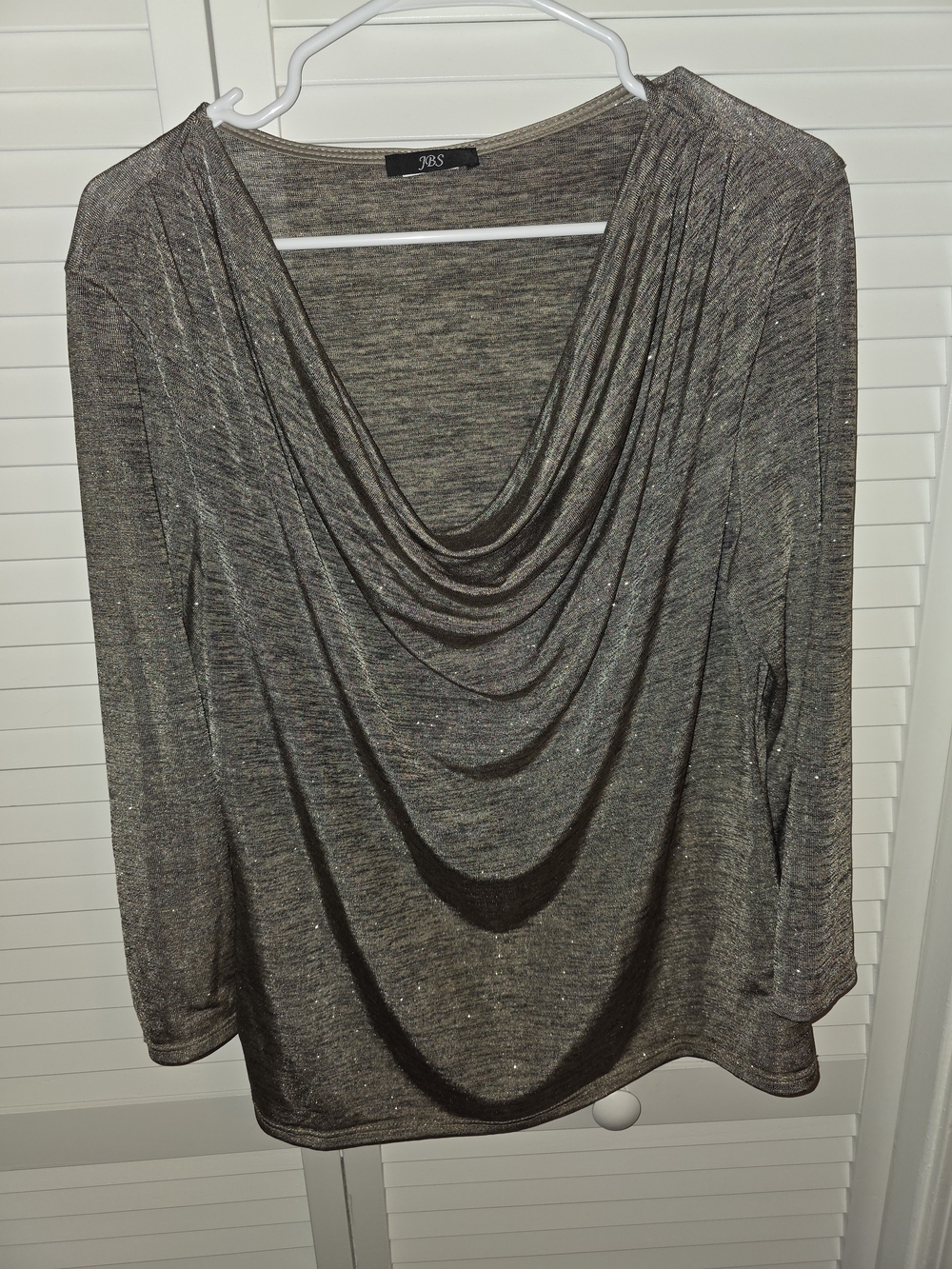 Women's J.B.S. Large Metallic Black & Gold Draped Cowl Neck Long Sleeve Top